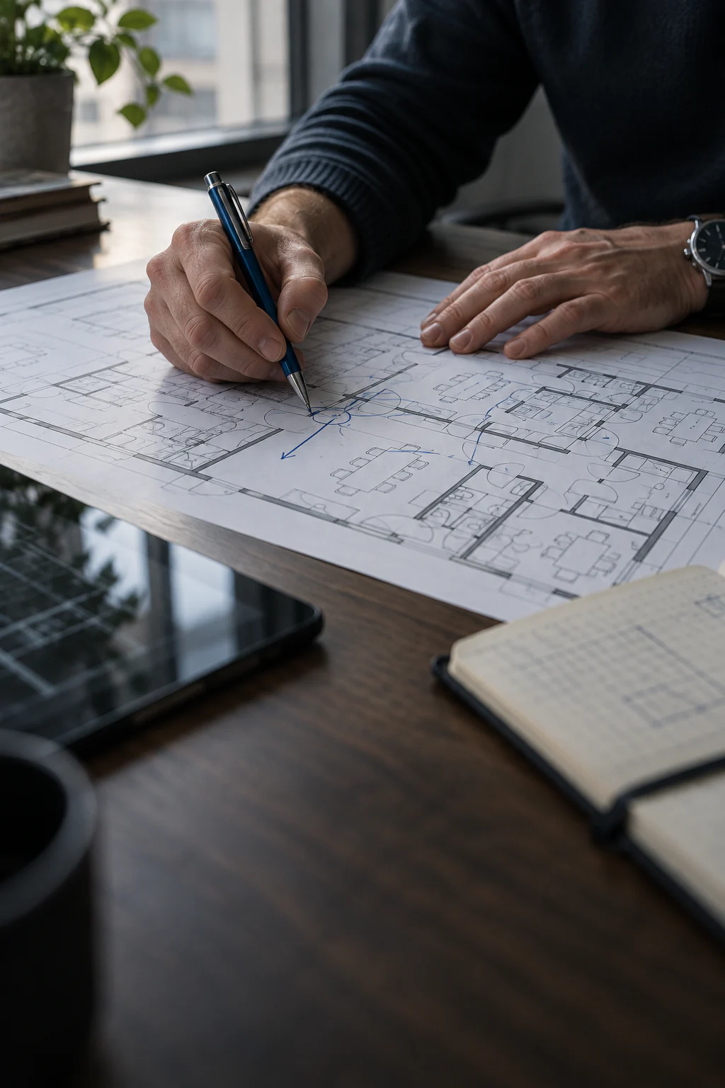 Consultor marcando a planta de um edifício