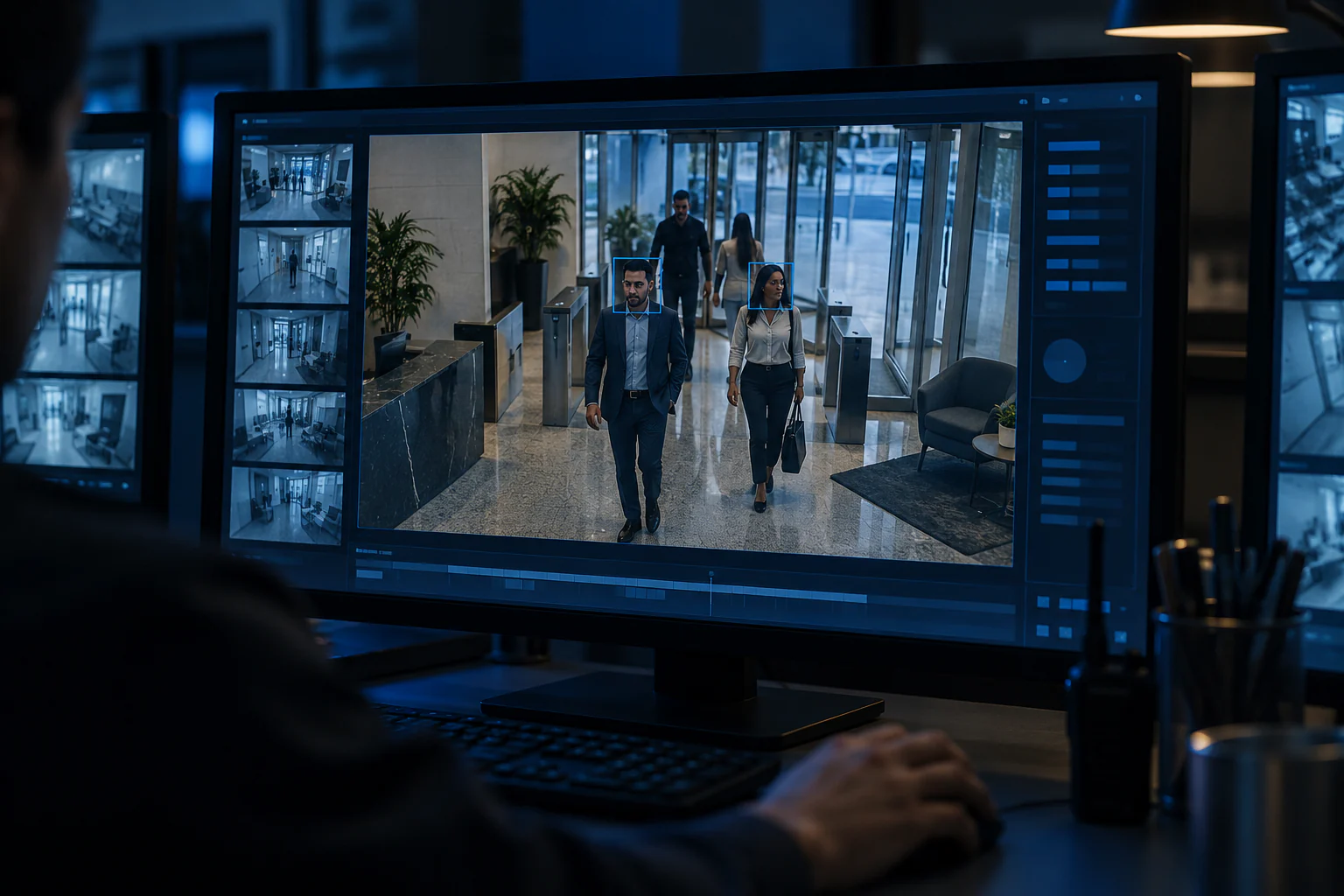 Monitor com reconhecimento facial em central de segurança